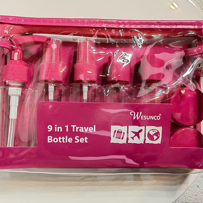 60ml 9pcsセット プラスチック旅行セット ボトルジッパーバッグセット 化粧品容器 ローションポンプスプレー フレッシュキャップボトル