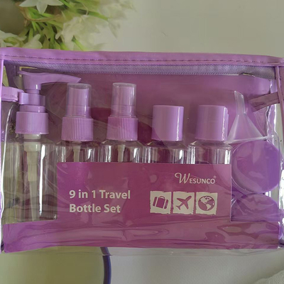 60ml 9pcsセット プラスチック旅行セット ボトルジッパーバッグセット 化粧品容器 ローションポンプスプレー フレッシュキャップボトル