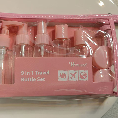 60ml 9pcsセット プラスチック旅行セット ボトルジッパーバッグセット 化粧品容器 ローションポンプスプレー フレッシュキャップボトル